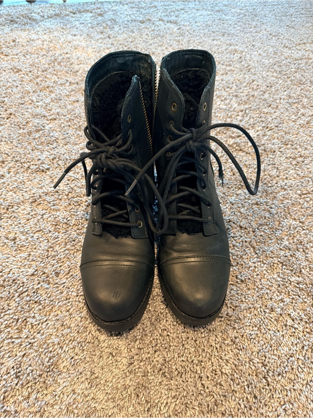 UGG Black Lace-Up Combat Boots with Side Zipper Fur